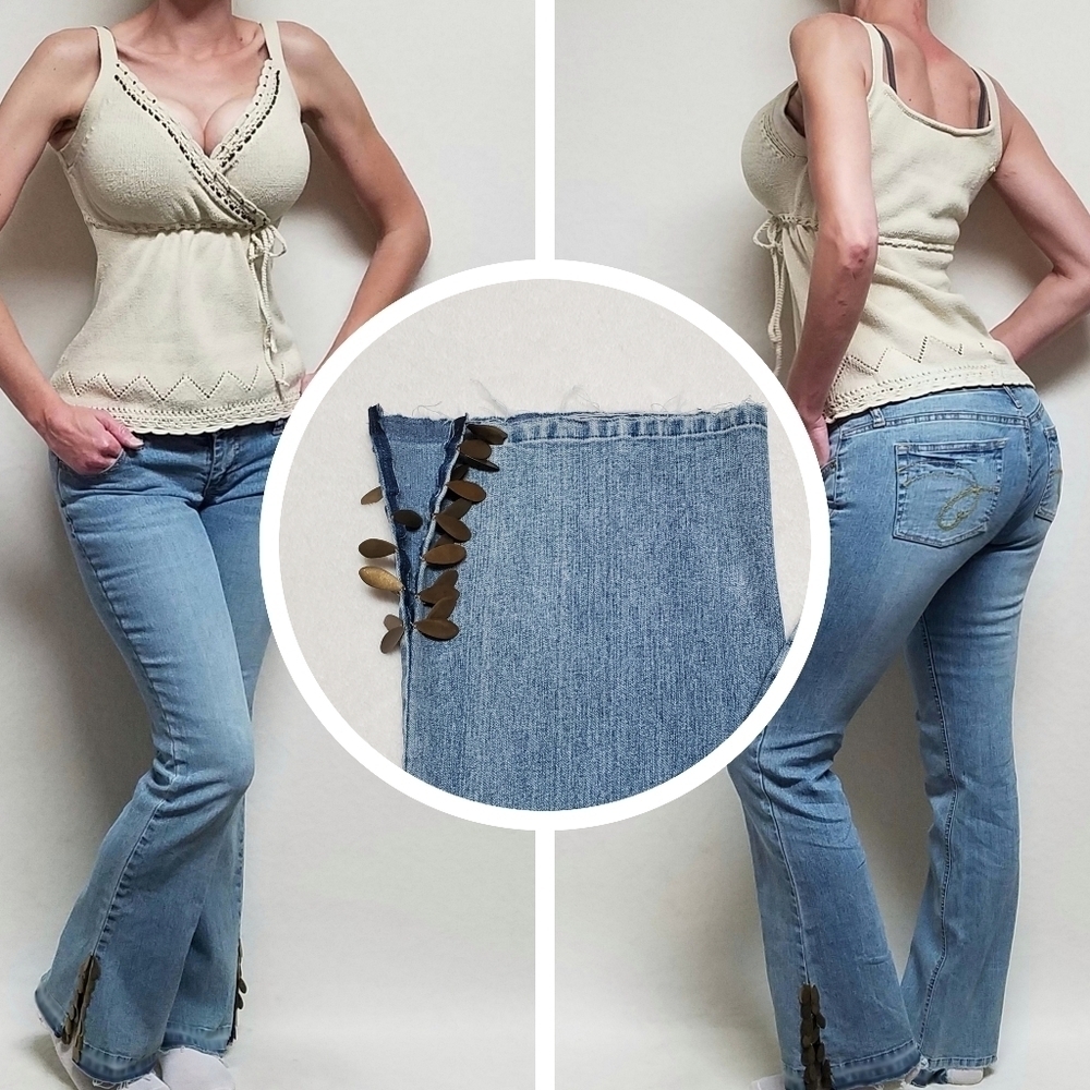 OOAK Vintage 90s Squeeze Jeans Metal Disc Low Rise Raw Cut Belly Dancer Jeans 4